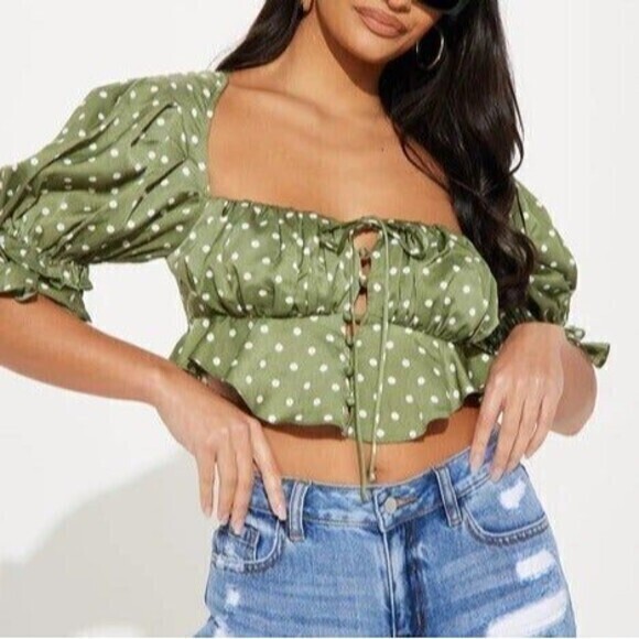 Sage Polka Dots‎ Cropped Smocked Back Blouse Top Size Large RefM010 - Picture 1 of 7